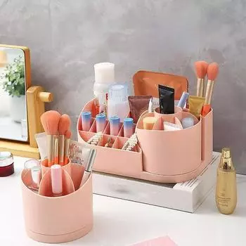 Вращающийся на 360° держатель кистей для макияжа 2 в 1 Коробка для хранения косметики Роскошный органайзер для макияжа Губные помады Контейнер для макияжа Коробка-органайзер для туалетного столика розовый