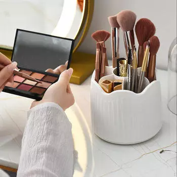 Вращающийся на 360° держатель кисточек для макияжа, настольный органайзер для канцелярских принадлежностей с крышкой для дома белый