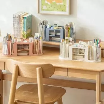 Вращающийся на 360 градусов держатель для ручек, ящик для хранения с 2 поворотными органайзерами для карандашей, 3 ящика, универсальный настольный органайзер, офисные принадлежности