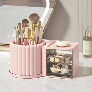 Вращающийся на 360 градусов держатель кистей для макияжа, ящик для хранения, большая вместимость, несколько отделений, настольный органайзер для макияжа розовый