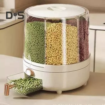 Вращающийся на 360 градусов дозатор хлопьев, контейнер для риса с крышкой, большая вместимость, несколько отсеков, органайзер для хранения зерна S