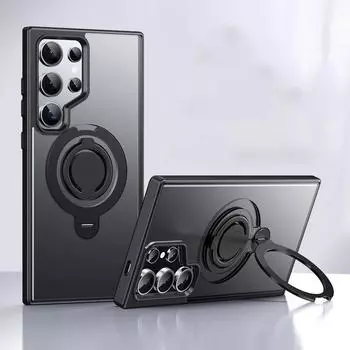 Вращающийся на 360 градусов магнитный матовый чехол-подставка для Samsung S24 Plus S23 ультра ударопрочный силиконовый кронштейн для ПК для чехла телефона MagSafe Samsung S24 чёрный