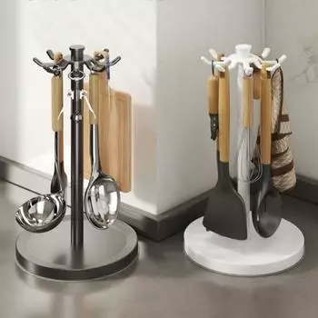 Вращающийся на 360 градусов органайзер для столовых приборов с поддоном для воды, вешалкой для кухонных принадлежностей и ложками чёрный