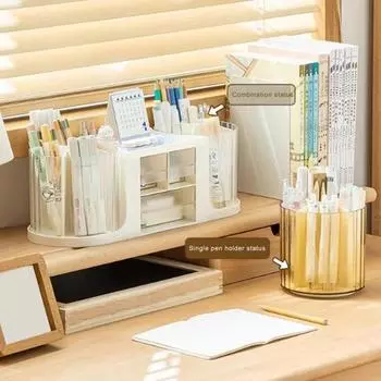 Вращающийся на 360 градусов ящик для хранения держателя для ручек с 2 поворотными органайзерами для карандашей и 3 ящиками чистый/серый