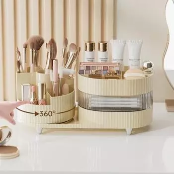 Вращающийся на 360 градусов ящик для хранения косметики, органайзер с несколькими отделениями, косметический органайзер для ухода за кожей, держатель кисточек для макияжа Dual Layer чёрный