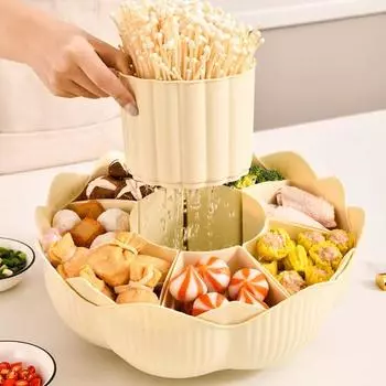 Вращающийся на 360 градусов сервировочный поднос, 8 разделителей, съемная сервировочная чаша для горячего горшка, поднос для слива еды для закусок, овощей, фруктов белый