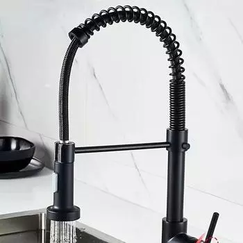 Вращающийся на 360 градусов смеситель для мойки с горячей и холодной водой и выдвижным распылителем Farmhouse black with pipe base