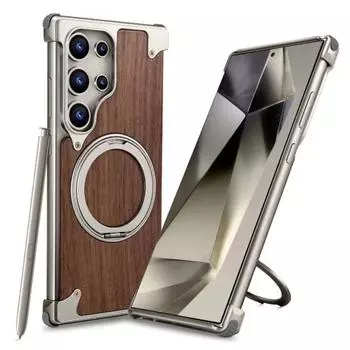 Вращающийся на 360° кронштейн с магнитным чехлом Magsafe для Samsung Galaxy S24 Ultra, автомобильный держатель для телефона, защитный чехол из орехового дерева и металла For Samsung S24 Ultra
