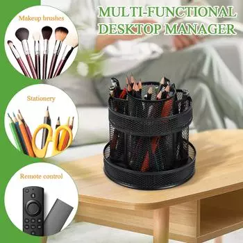 Вращающийся на 360° металлический сетчатый держатель, двухслойная многоцелевая стойка для хранения столовых приборов, настольный органайзер для посуды, косметики, канцелярских принадлежностей чёрный