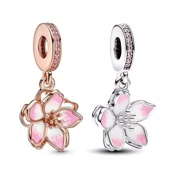 Вращающийся подвесной шарм с цветком вишни, подходит для оригинального браслета «сделай сам», для женщин, изготовление ювелирных изделий с цветочным принтом, весна 2024, новинка