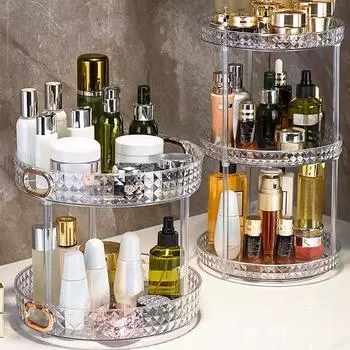 Вращающийся ящик для хранения косметики, акриловый органайзер для макияжа, настольная отделка, поднос для духов, полка для ухода за кожей в ванной комнате, продукты