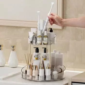Вращающийся туалетный столик для макияжа для ухода за кожей, парфюмерия, косметика, отдельные отсеки, 2-х уровневый вращающийся поднос для дисплея, принадлежности для комода в общежитии для ванной комнаты серый