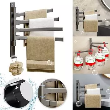 Вращающийся вешалка для полотенец с несколькими стержнями, без перфорации, алюминиевая вешалка для полотенец для ванной комнаты, настенная вешалка для полотенец для ванной комнаты с пистолетом из ясеня One Size чёрный
