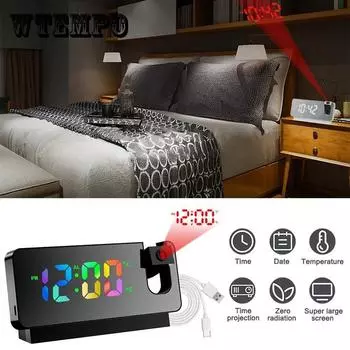 Вращение на 180°, светодиодный цифровой проекционный будильник, USB электронный потолочный проектор, будильник для спальни, прикроватные настольные часы