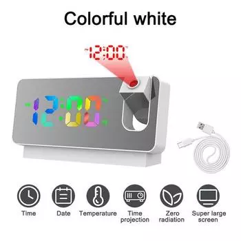 Вращение на 180°, светодиодный цифровой проекционный будильник, USB электронный потолочный проектор, будильник для спальни, прикроватные настольные часы Colorful word белый