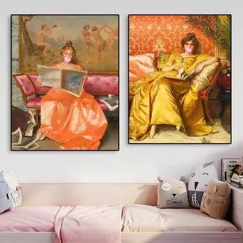 Время расслабиться, принт, плакат, забавный винтажный рококо, измененное искусство, портрет мадам с розовой жевательной резинкой, холст, картина, декор для комнаты 21cm30cm NoFrame