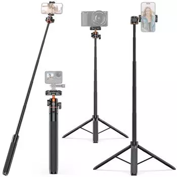 VRIG TP-16 140 см/55 дюймов штатив для селфи-палки с гибким держателем для телефона с шаровой головкой, винт 1/4 дюйма чёрный