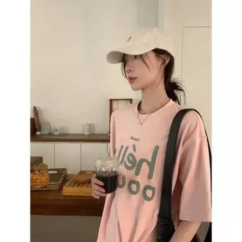 Vs What Holiday Oni Short Sleeve Women s T-Shirt Chic Korean Style Tops Plus Size Lazy T-shirt Letter Half Sleeve Pink XL