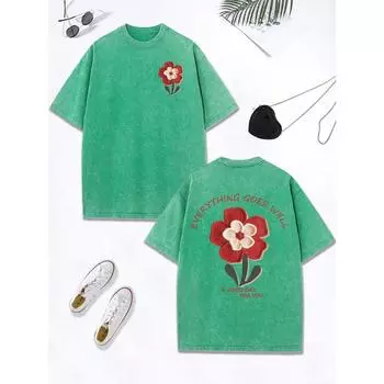 Все идет хорошо Цветочный принт Выстиранная футболка Женская Хлопковая Оверсайз Топы Круглый вырез Потертая футболка Одежда S