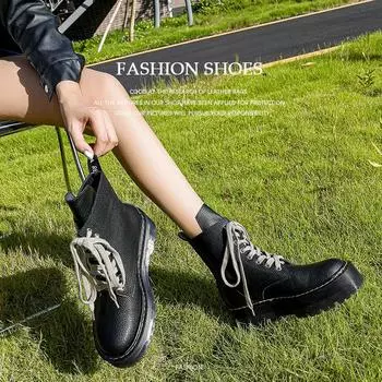 Все коровья кожа Pu Caiying Same Lychee Pattern Lace-Up Martin Boots Women s Thick Sole Medium Tube Красивые рыцарские сапоги Увеличивающие рост короткие сапоги 35