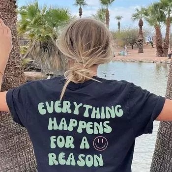 Все происходит не просто так Женские хлопковые футболки с принтами «Счастливое лицо» Креативная повседневная одежда в стиле хип-хоп Математические женские топы S хаки