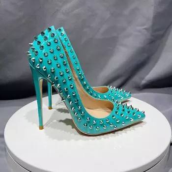 Все шипы заклепки крышка синий мода 12 см высокие каблуки лодочки с булавками шпильки свадебные туфли для вечеринок большие размеры 33-45 33