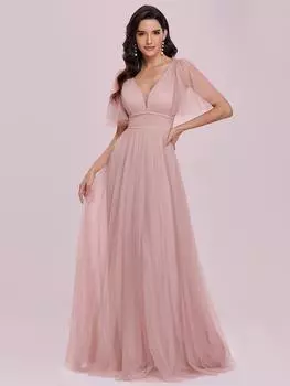 Всегда красивое женское летнее вечернее платье из тюля с глубоким V-образным вырезом и иллюзорными рукавами S розовый