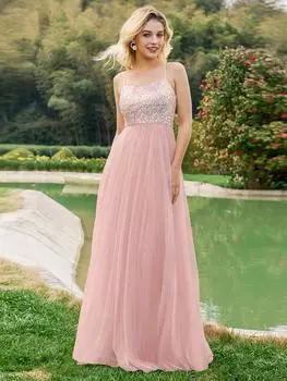 Всегда красивое женское платье подружки невесты длиной до пола из тюля с пайетками и на бретельках XL розовый