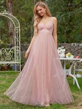 Всегда красивое женское платье подружки невесты из сверкающего тюля с v-образным вырезом на тонких бретельках и пайетками и завышенной талией L розовый