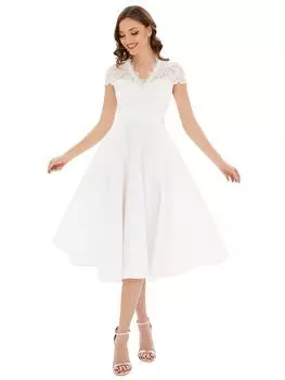 Всегда красивые женские кружевные прозрачные трапециевидные платья с v-образным вырезом длиной до чая, плиссированные коктейльные платья для свадебной вечеринки S белый