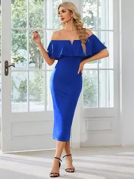 Всегда красивые женские летние платья миди без бретелек с оборками и открытыми плечами, облегающие платья с разрезом S сапфир синий