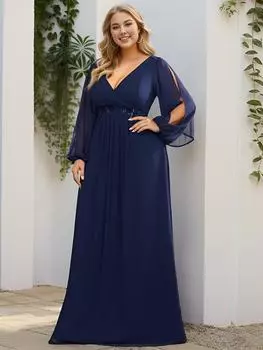 Всегда красивые женские шифоновые вечерние платья трапеции с v-образным вырезом больших размеров и длинными рукавами-фонариками 4XL темно-синий