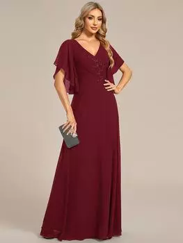 Всегда красивые женские шифоновые вечерние платья длиной до пола с рюшами и рукавами больших размеров с аппликацией на талии S бордовый
