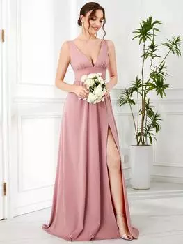 Всегда красивые женские вечерние платья макси с двойным v-образным вырезом и разрезом по бокам, без рукавов, вечернее платье S туманный розовый