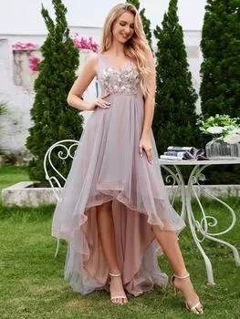 Всегда красивые женские вечерние платья трапециевидной формы из тюля без рукавов с v-образным вырезом и вышитой аппликацией XS розовый