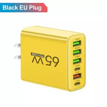 Всего 65 Вт 6 в 1 4 USB 2 Type C быстрая зарядка быстрое настенное зарядное устройство для iPhone Samsung Xiaomi Oppo мобильный телефон адаптер US Plug Yellow