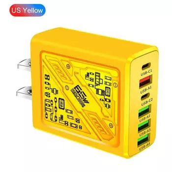 Всего 65 Вт 6 в 1 4 USB 2 Type C 3.1A зарядное устройство для быстрой зарядки iPhone Samsung Xiaomi Oppo мобильный телефон адаптер US Plug Yellow