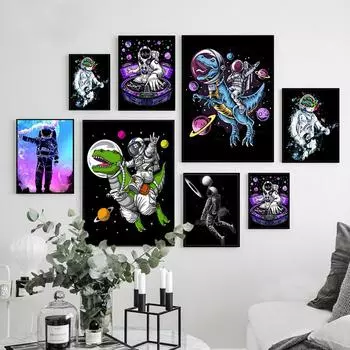 Вселенная, постеры с астронавтом и динозавром, настенное искусство, принт космической станции, холст, картина для гостиной, коридора, домашний декор, изображение 21x30cm No Frame