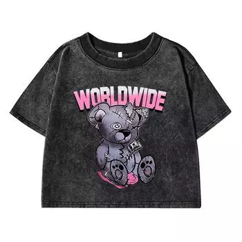 Всемирная Милый Медведь Мультяшный Принт Женская Короткая Футболка для Стирки Открывающая Живот Футболка Топы Винтажная Потертость O-Образный Вырез Одежда M