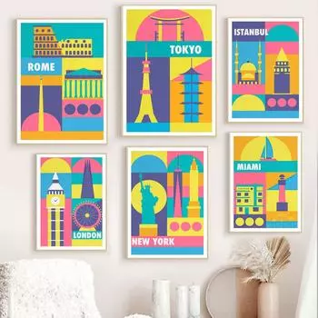Всемирно известная достопримечательность, здание, настенная живопись на холсте, мультяшный город, красочные постеры и принты, фотографии для декора гостиной 21cm30cm NoFrame