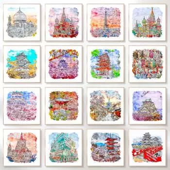 Всемирно известные здания, акварельные постеры, принты, Тадж-Махал, собор Василия Блаженного, настенная живопись на холсте, домашний декор для спальни 20x20cm No Framed