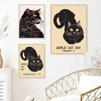 Всемирный день кошки плакат печать на холсте Lucky Cat линогравюра винтажная живопись настенные панно украшения дома фрески для комнаты для домашних животных 21x30cm No Framed