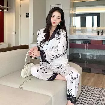 Всесезонная новая пижама Ice Silk для женщин, брюки с длинными рукавами, комплект из двух предметов, повседневная свободная домашняя одежда с цветочным принтом, классическая пижама M