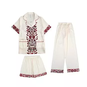 Всесезонная пижама из трех частей Ice Silk для женщин, костюм с длинными и короткими рукавами, красная пижама с принтом бабочек M
