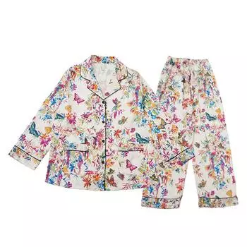 Всесезонная прохладная и дышащая пижама из ледяного шелка для женщин, костюм с длинными рукавами, пуговицами, принтом цветов и бабочек, домашняя пижама M слоновая кость