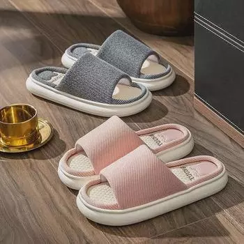 Всесезонные домашние тапочки из льна: Нескользящая, бесшумная, унисекс домашняя обувь 36-37