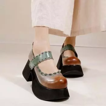 Всесезонные туфли-лодочки в стиле ретро. Женские кожаные туфли на платформе ручной работы на толстой подошве. 34 серый