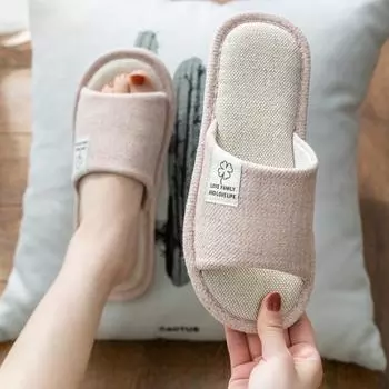 Всесезонные женские тапочки, удобные хлопковые льняные тапочки с открытым носком, мягкие туфли на плоской подошве, бесшумная домашняя обувь, тапочки для пар из конопли 36-37 розовый