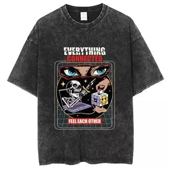 Всё связано Чувствуй друг друга Череп Интернет Оверсайз Футболка Хлопковая футболка Мужская Футболка Y2K Одежда Топ Футболка S