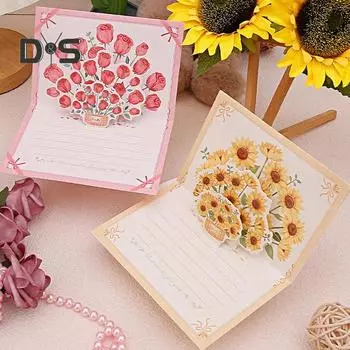 Всплывающая поздравительная открытка 3D Цветочный букет Открытка ручной работы Роза Подсолнух Тюльпан Подарочная карта на День матери Выпускной Годовщина красный